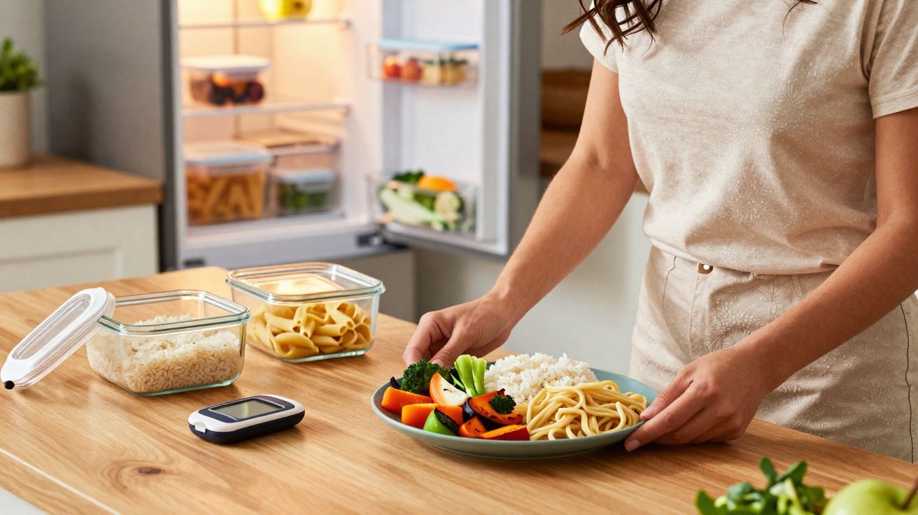 Pessoa segurando prato com arroz, macarrão e legumes, próximo a medidor de glicose e recipientes com alimentos.