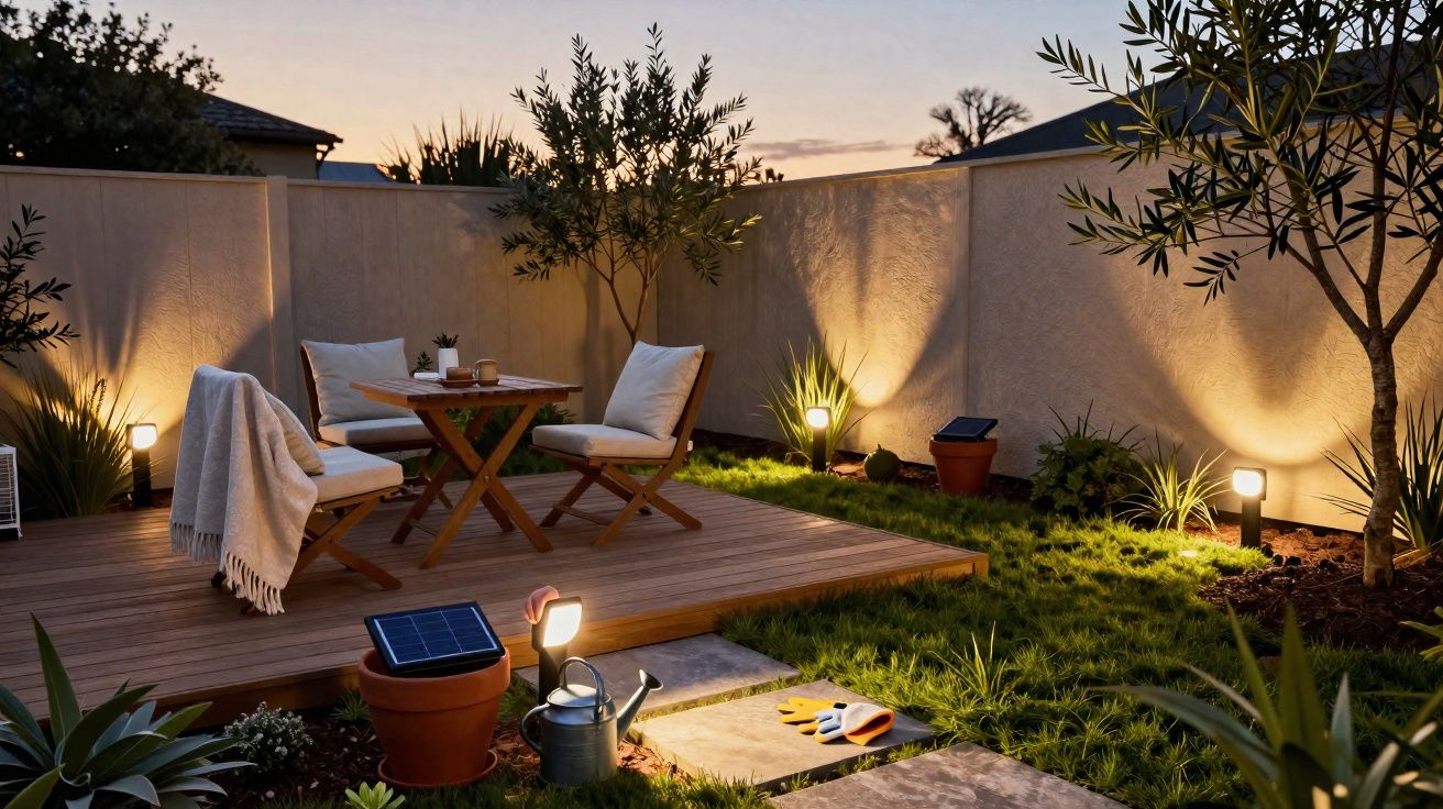 Área externa com deck de madeira, mesa e cadeiras acolchoadas iluminadas por luzes solares ao entardecer.