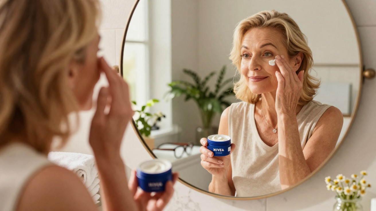 Mulher aplicando creme facial Nivea, refletida em espelho redondo no banheiro iluminado.