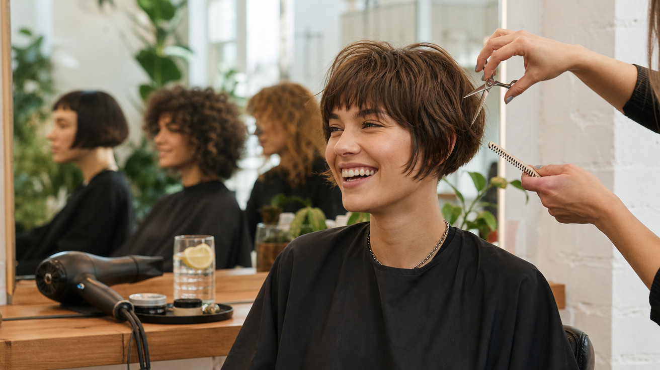 Mulher sorrindo enquanto corta o cabelo curto em salão moderno com outras clientes ao fundo.