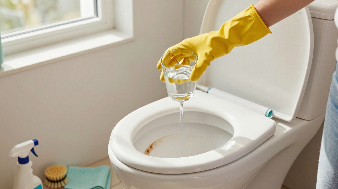 Pessoa com luva amarela despejando vinagre em vaso sanitário sujo para limpeza.