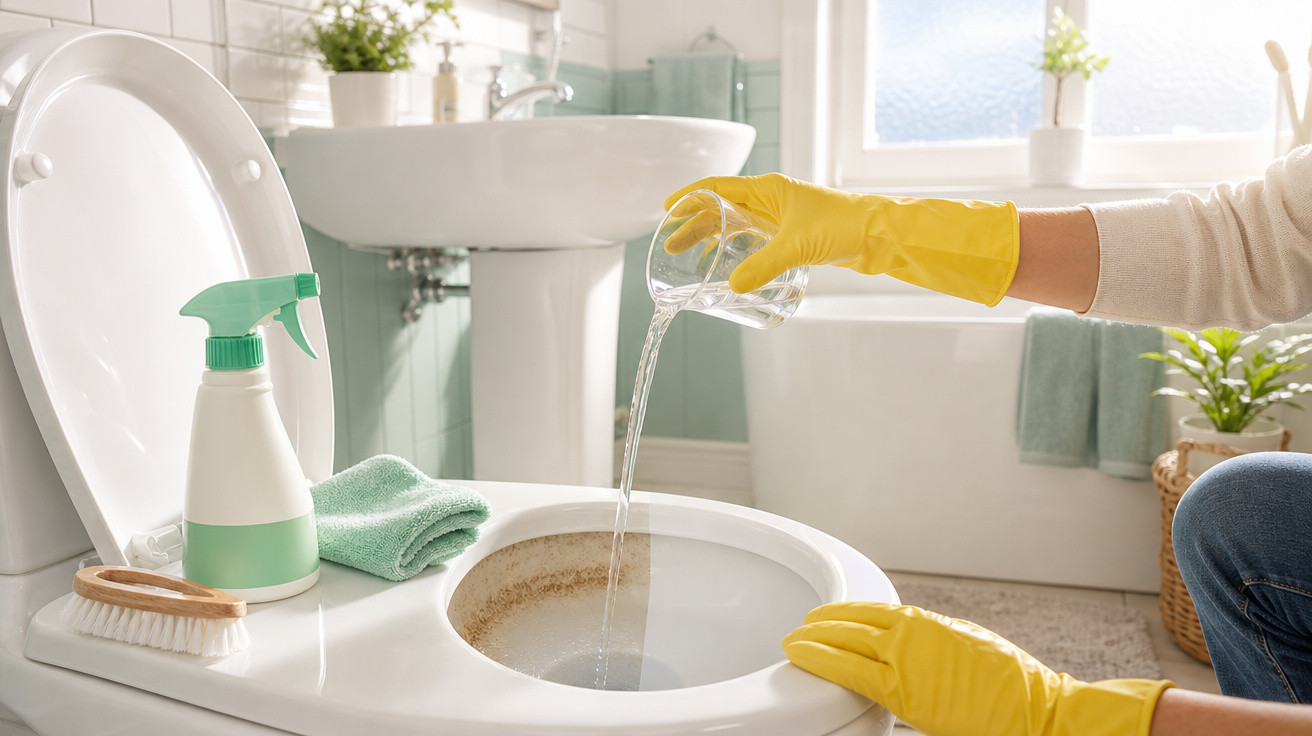 Pessoa com luvas amarelas despejando líquido no vaso sanitário para limpeza no banheiro.