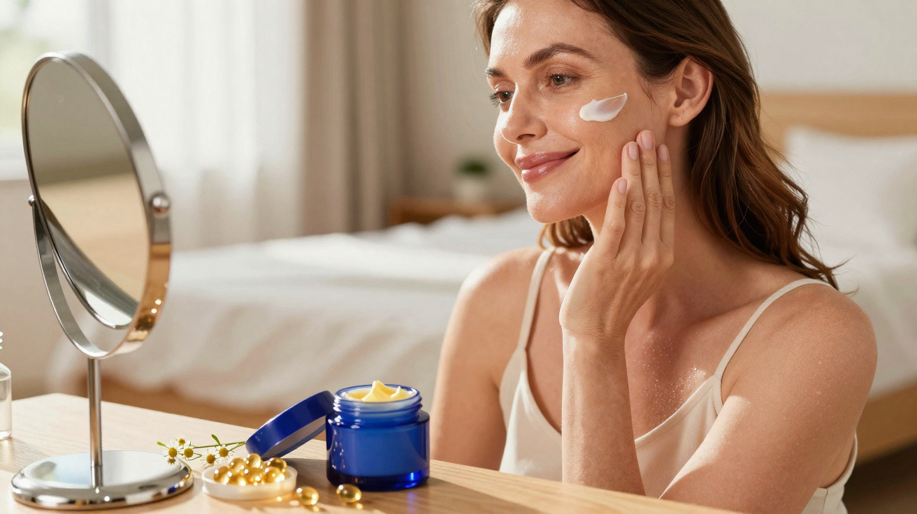 Mulher aplicando creme facial com espelho e frasco azul em mesa de madeira.