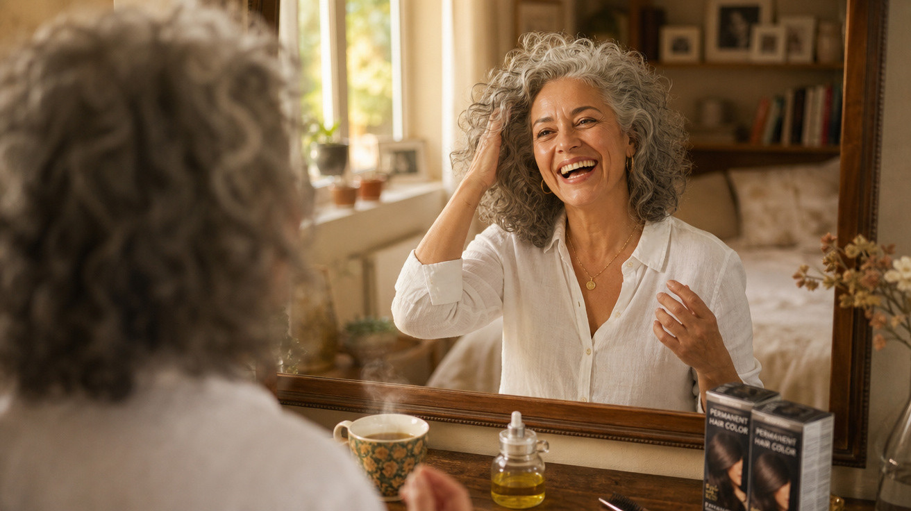 Mulher madura de cabelo grisalho sorrindo para seu reflexo em um espelho no quarto iluminado pela luz natural.