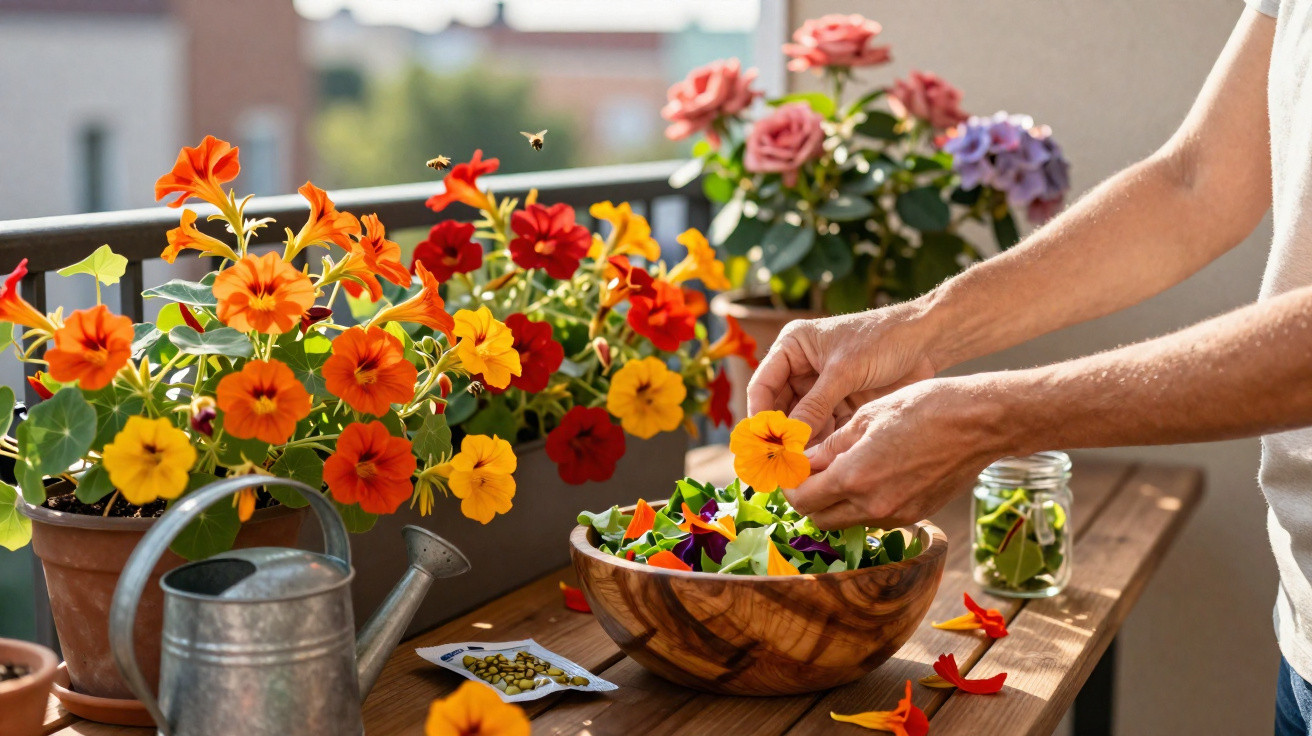 Pessoa colocando flores comestíveis coloridas em uma salada em uma mesa de madeira com vasos floridos.