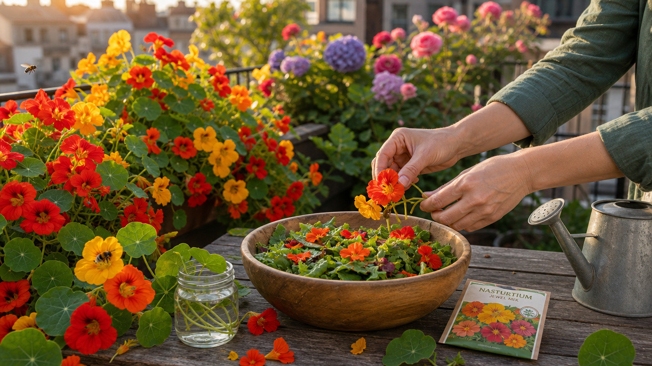Mãos colhendo flores vermelhas e amarelas para salada em jardim urbano com regador e pote de vidro.