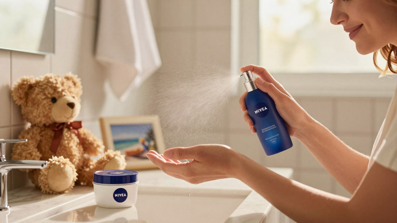 Pessoa aplicando spray Nivea na mão em banheiro com ursinho de pelúcia e creme sobre pia branca.