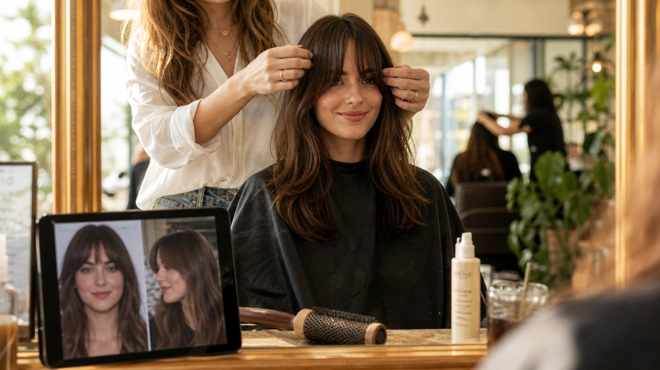 Mulher sorrindo sentada em salão de beleza enquanto cabeleireira arruma seu cabelo com escova e espelho.