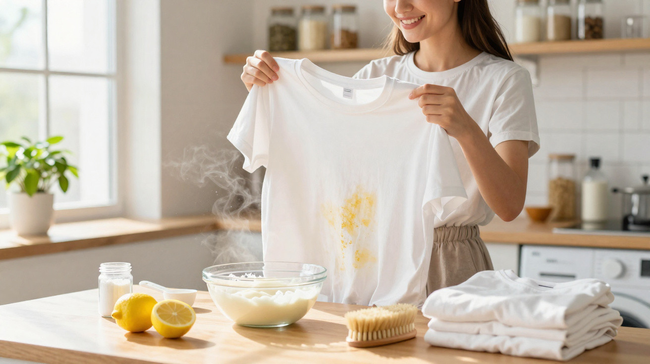 Mulher mostrando camiseta branca com manchas amarelas na cozinha, com utensílios para limpeza sobre a mesa.
