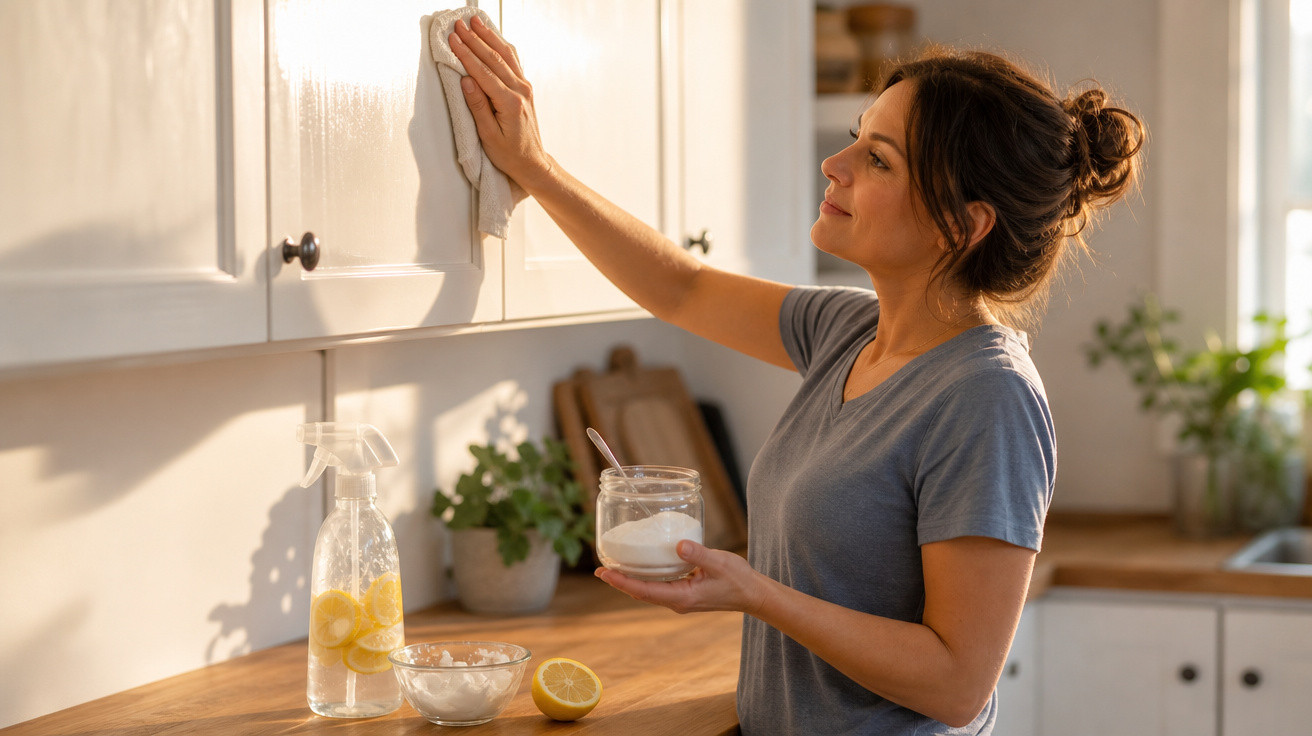 Mulher limpando armário branco na cozinha com pano, segurando pote e spray de limão no balcão.