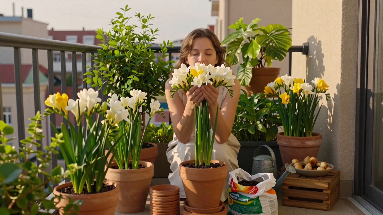 Mulher sentada em varanda cheirando flores brancas em vasos de barro cercada de plantas e utensílios de jardinagem.