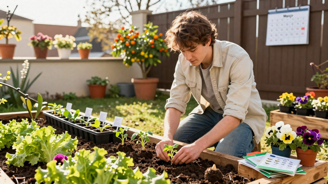 Jovem planta mudas em canteiro elevado de jardim com flores e plantas ao redor em dia ensolarado.