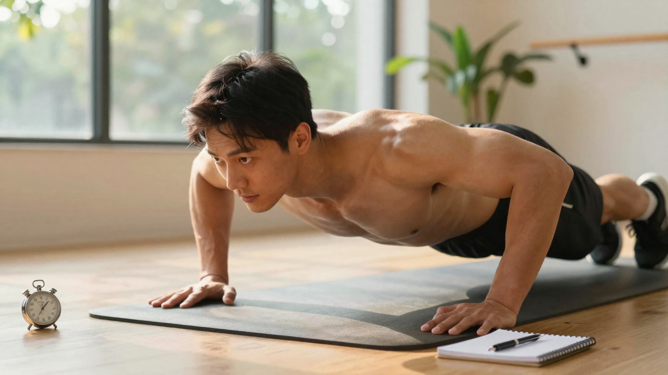 Homem fazendo flexão em tapete de exercício próximo a um cronômetro e um caderno com caneta.