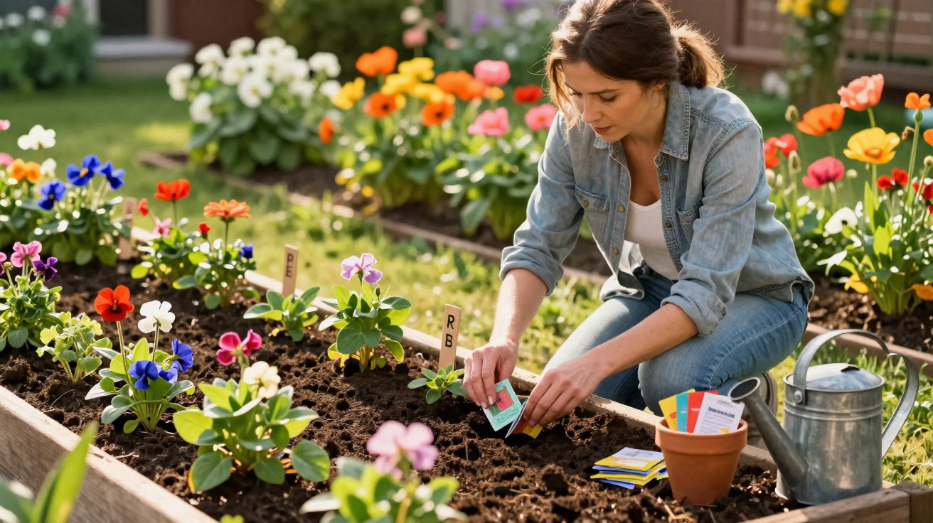 Mulher plantando flores coloridas em canteiro elevado em jardim ensolarado com regador ao lado.