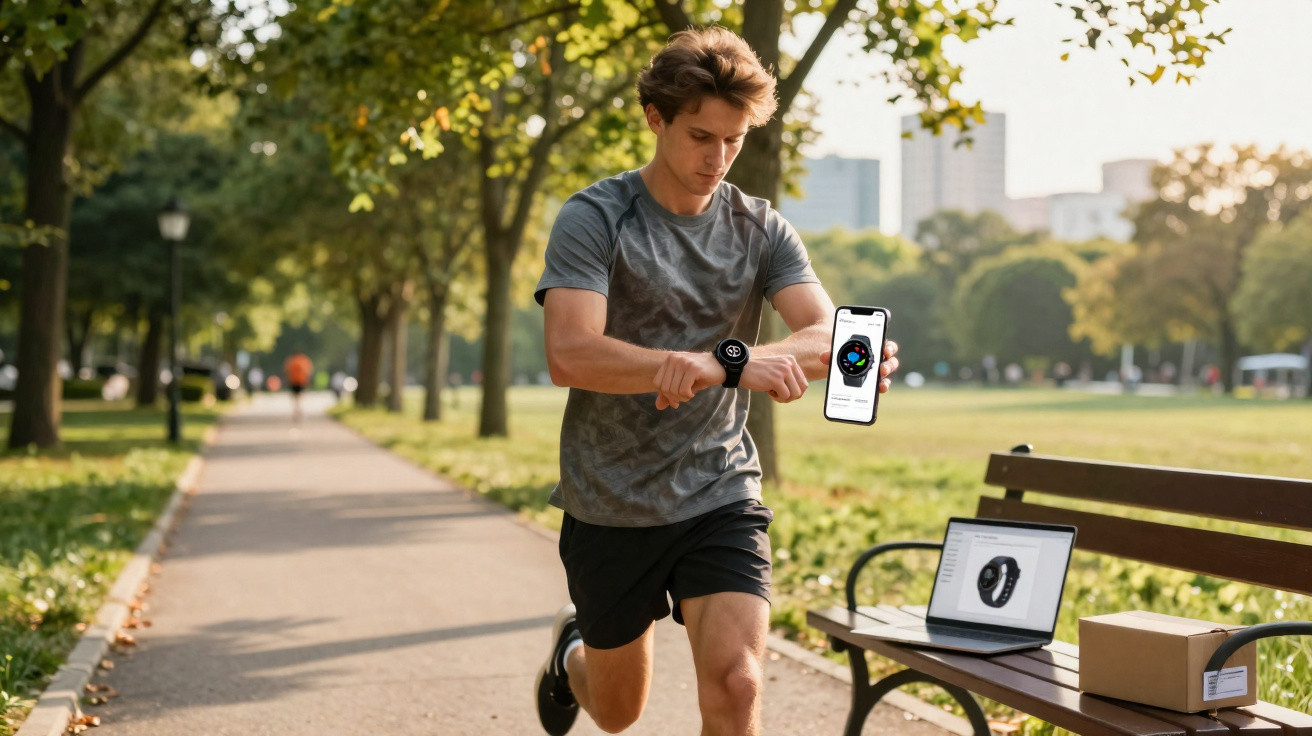 Homem correndo no parque usando relógio inteligente e verificando aplicativo no celular.