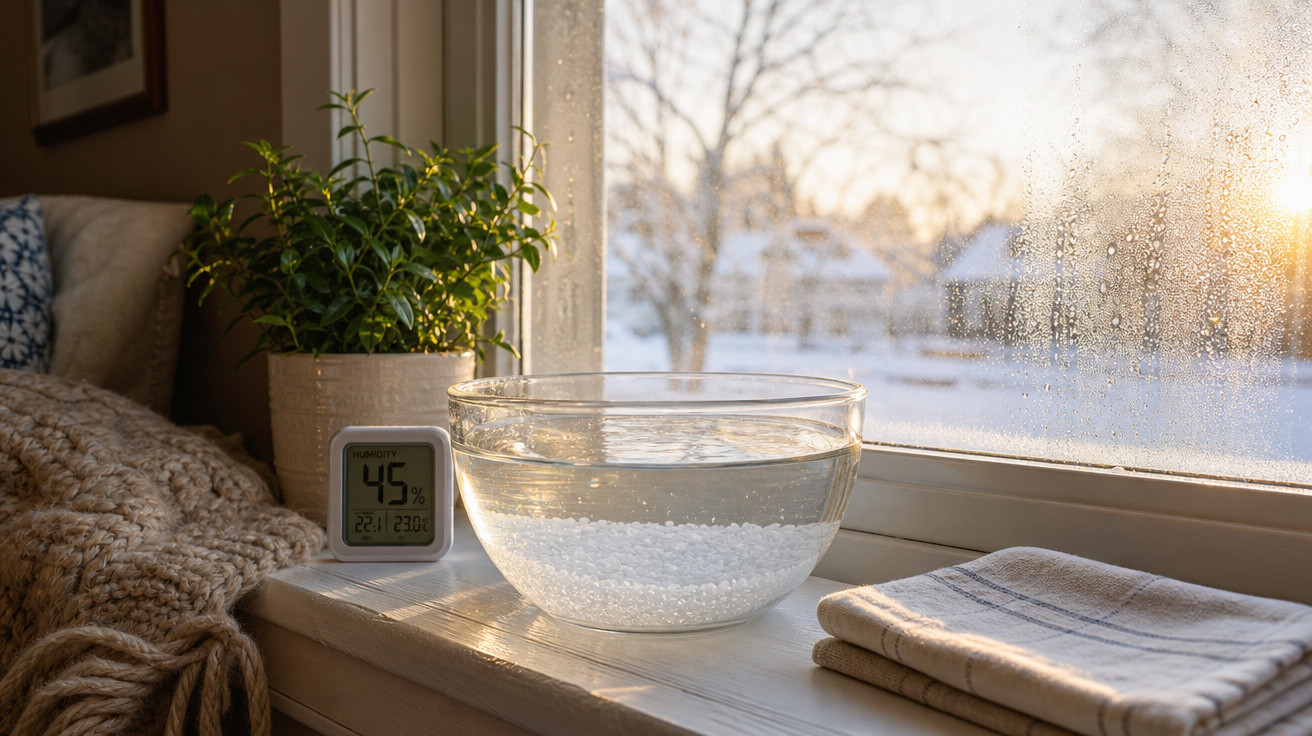 Vaso com planta, umidificador digital e recipiente com água na janela em dia frio e ensolarado.