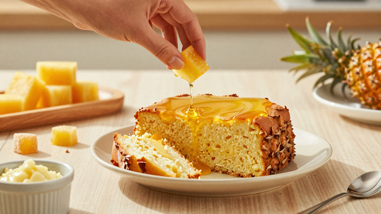 Bolo de abacaxi com calda doce sendo servido em prato branco, pedaços de abacaxi no fundo e colher ao lado.
