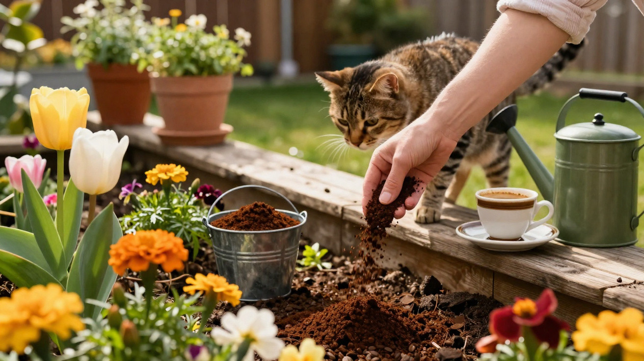 Pessoa preparando terreno em jardim com flores coloridas, gato curioso e xícara de café ao lado.