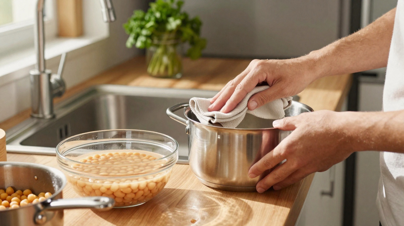 Mãos de pessoa secando panela de inox com pano na cozinha, com tigela de soja e pia ao fundo.