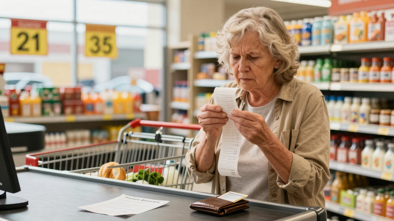 Mulher idosa conferindo a nota fiscal enquanto faz compras em supermercado, carrinho com alimentos ao fundo.