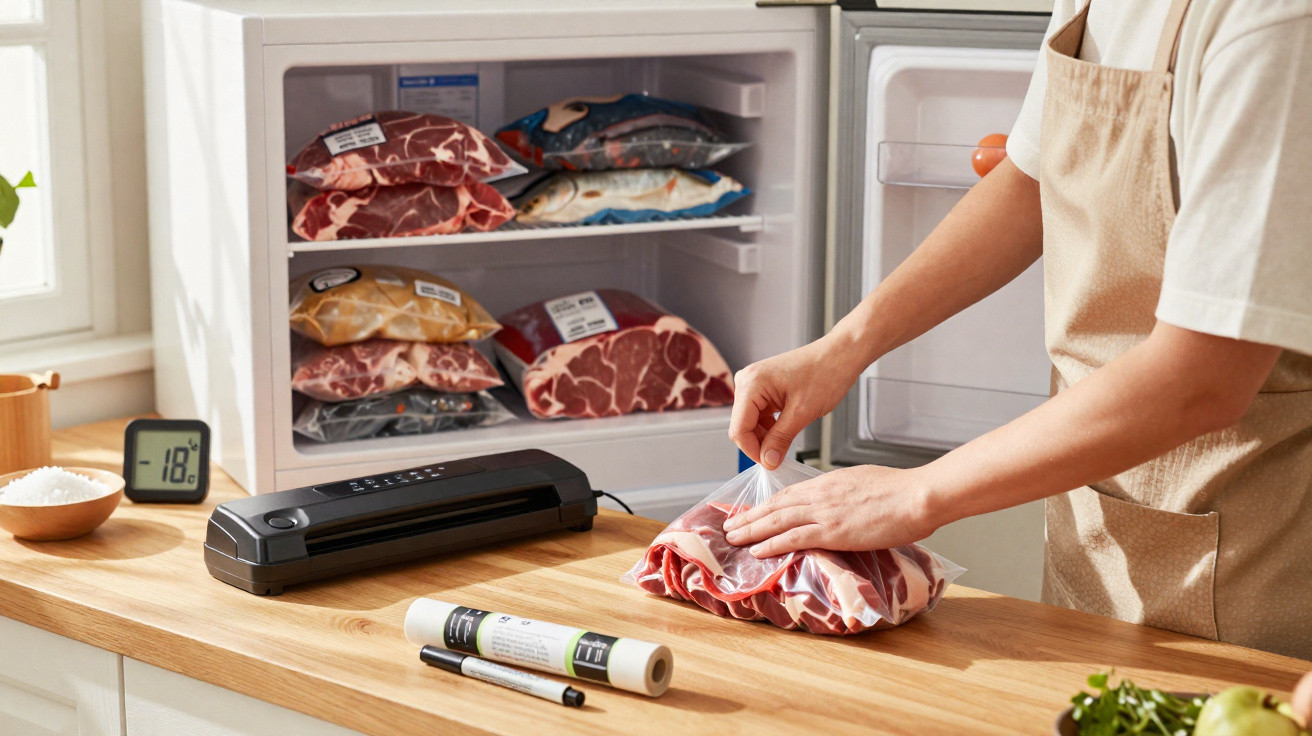Pessoa embalando carne a vácuo em cozinha com carne armazenada em freezer atrás e termômetro marcando -18°C.