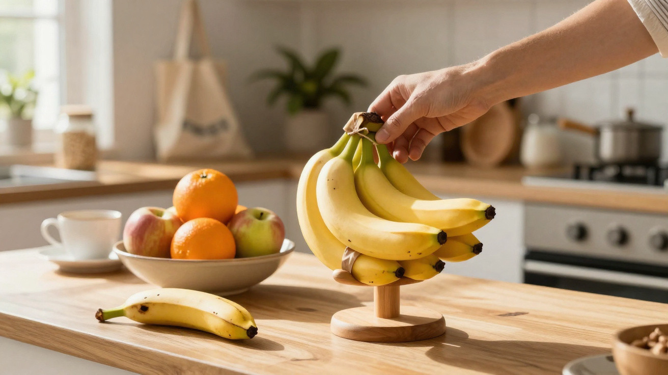 Bando de bananas pendurado em suporte de madeira sobre bancada de cozinha com frutas e xícara.