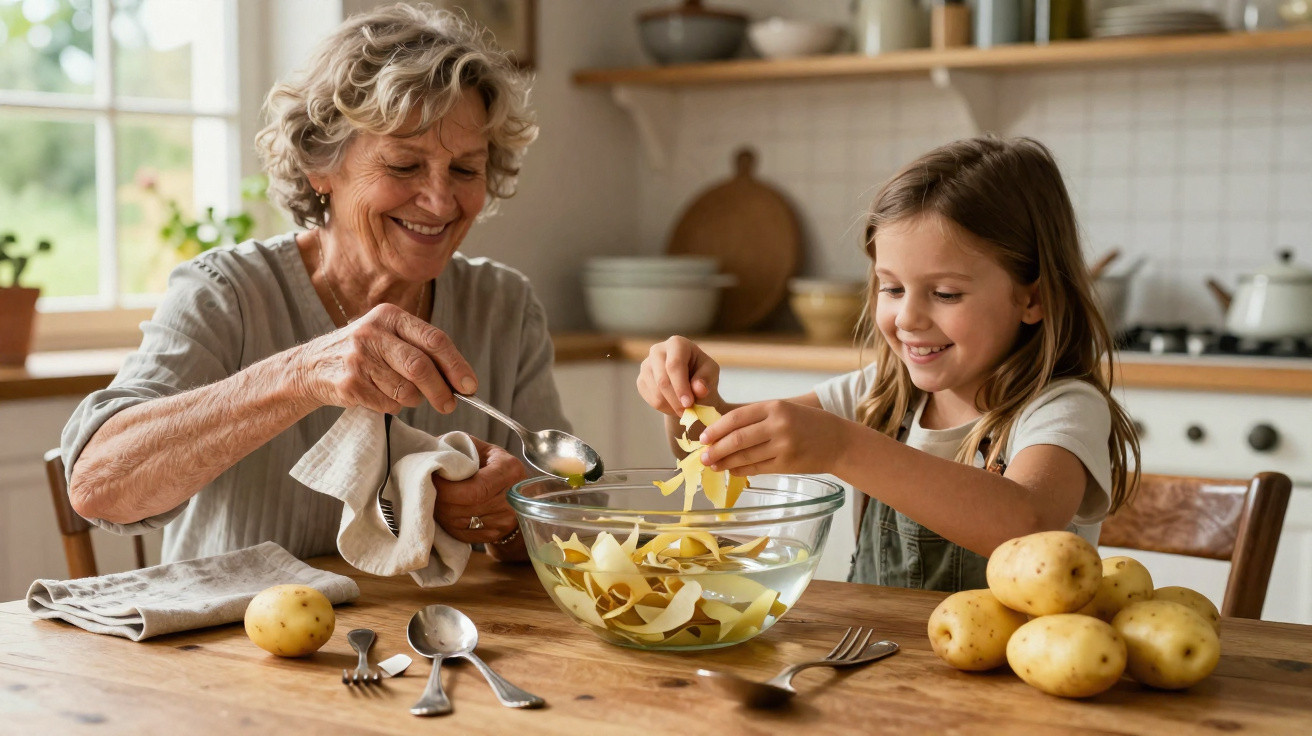 Idosa e menina descascam batatas juntas em uma tigela na cozinha ensolarada.