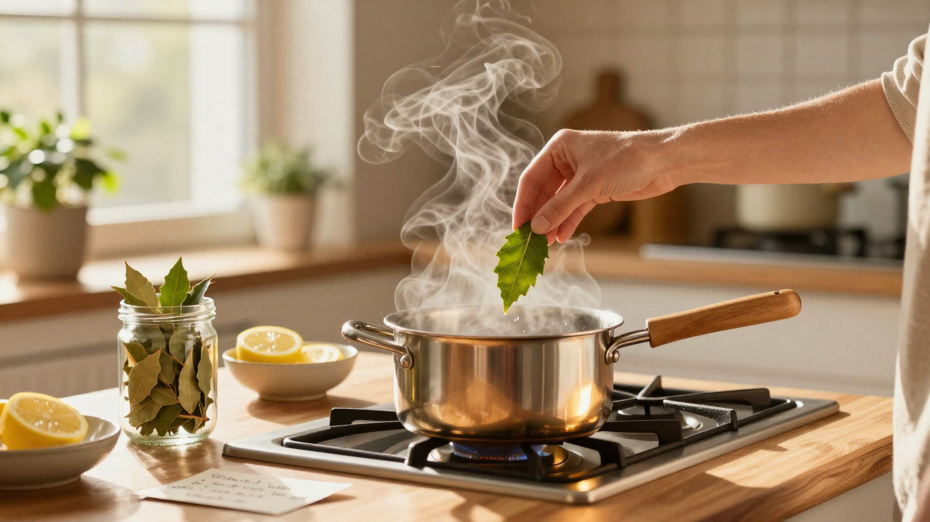 Mão colocando folha de louro em panela com vapor no fogão em cozinha iluminada e plantas ao fundo.