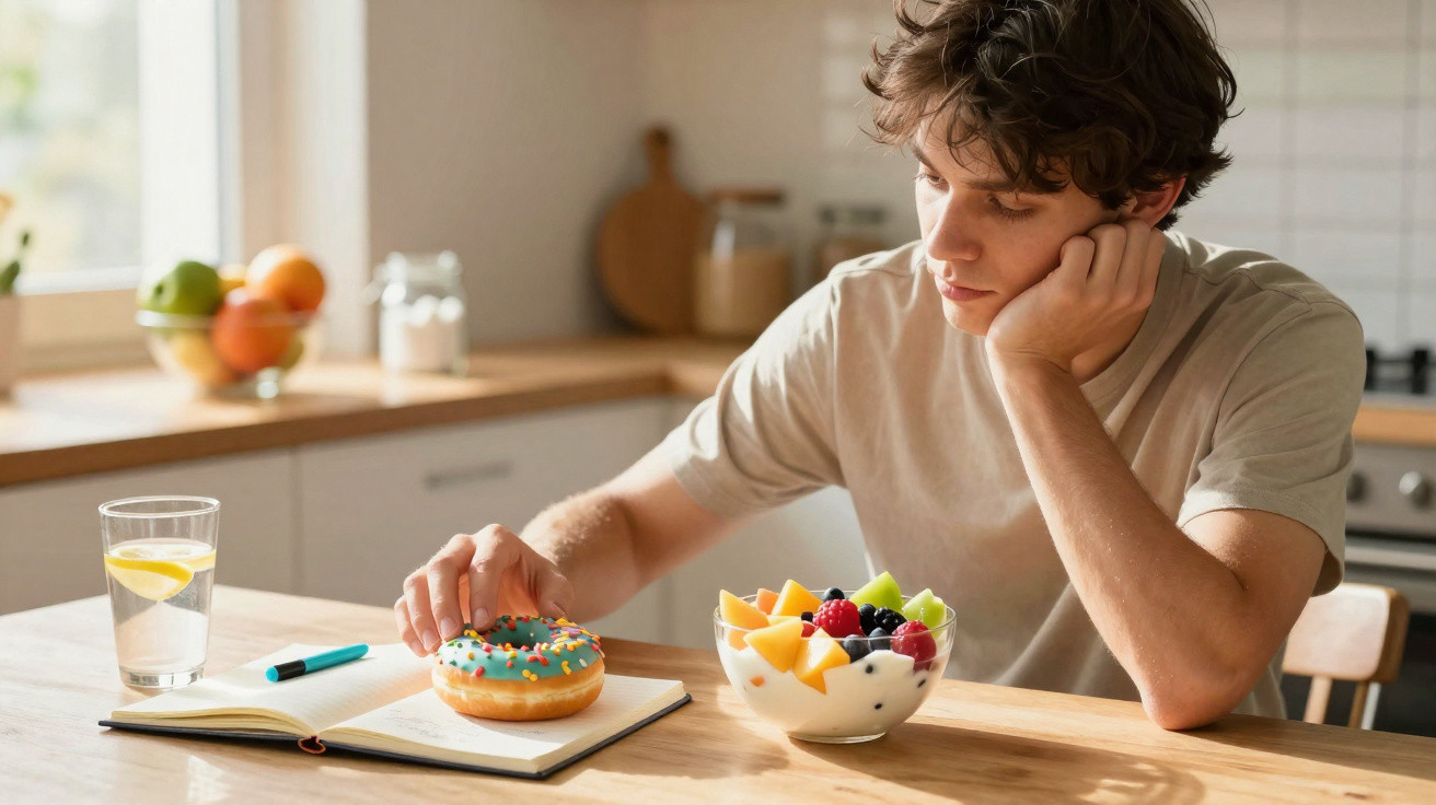 Jovem sentado à mesa olhando para um donut com confeitos coloridos, ao lado de tigela de frutas e caderno aberto.