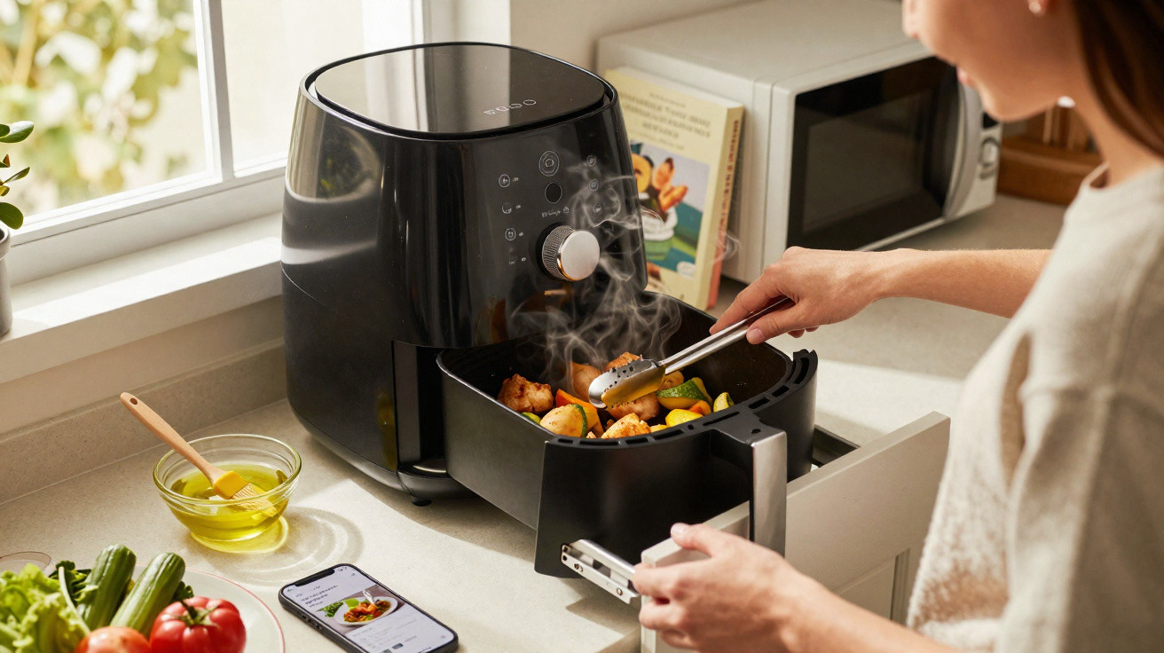 Mulher retirando legumes quentes e dourados de air fryer preta em cozinha iluminada.