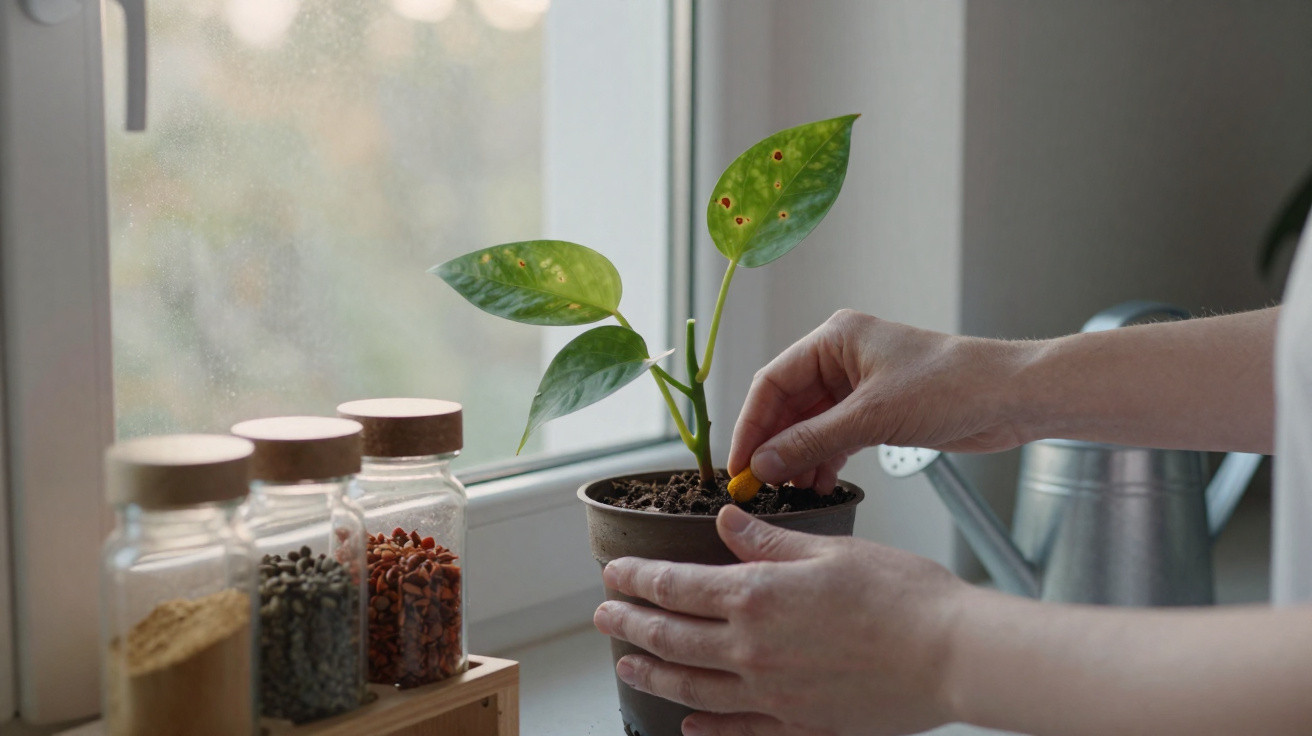 Mãos segurando pequeno vaso com planta em janela, ao lado de potes com temperos e regador de metal.