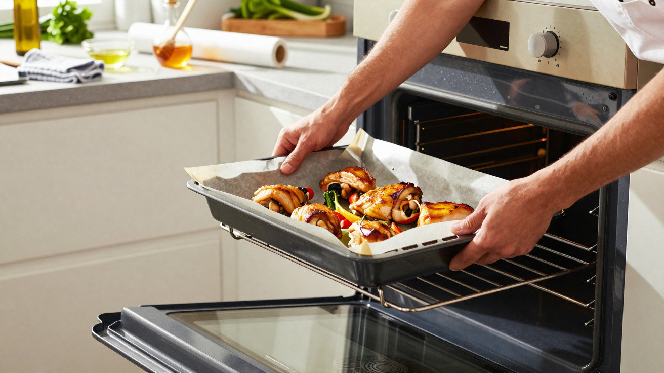 Pessoa retirando assadeira com frango assado do forno em cozinha iluminada.