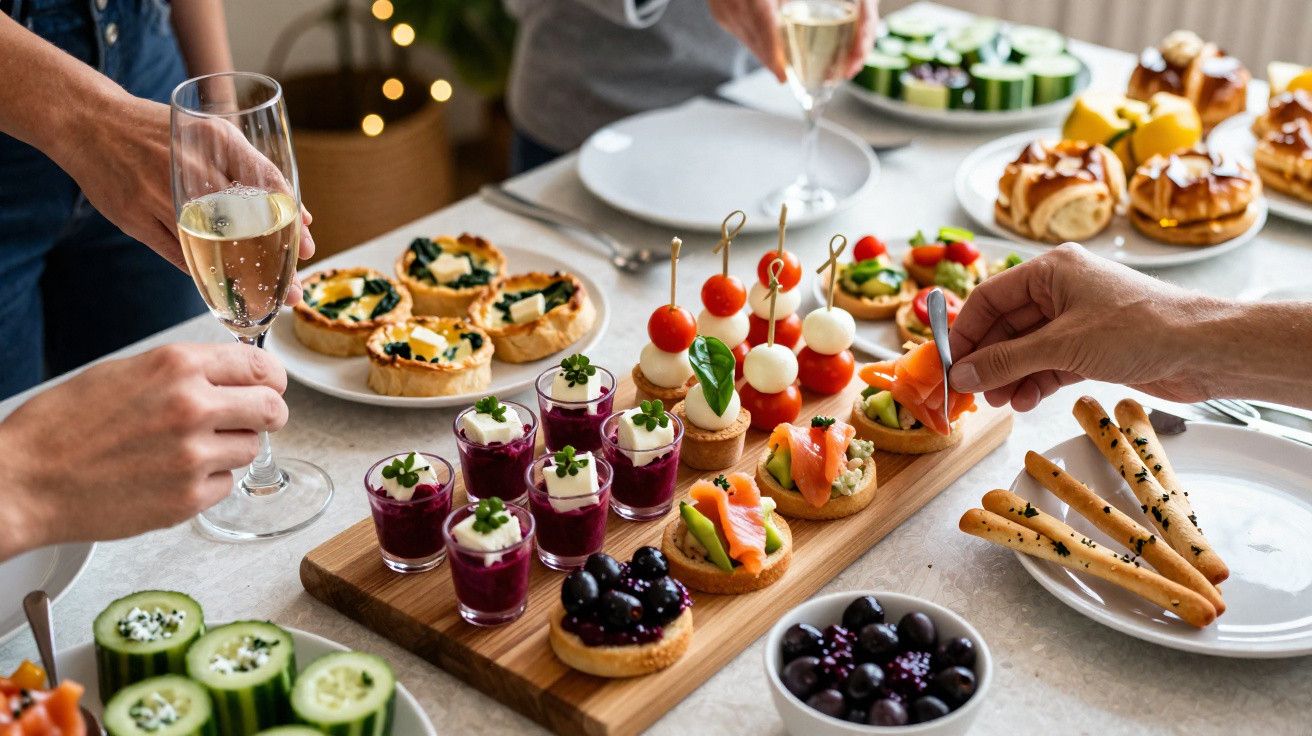 Mesa com diversos aperitivos finos, incluindo canapés, taças de champanhe e palitos de pepino decorados.