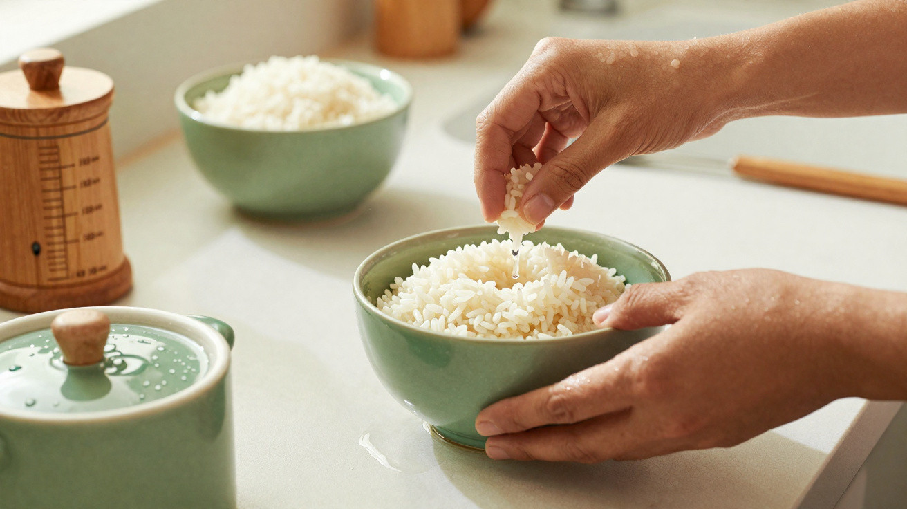 Mãos lavando arroz cru em uma tigela verde na bancada da cozinha com outra tigela ao fundo.