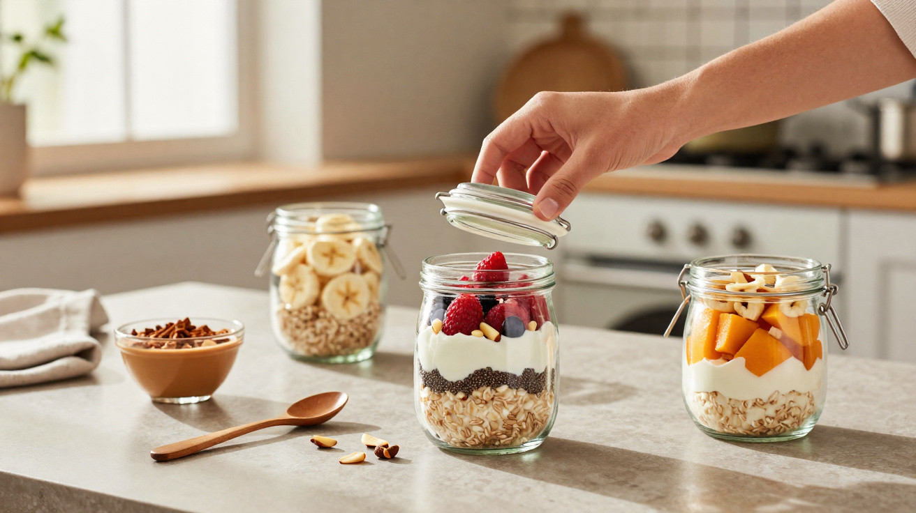 Mãos fechando pote com iogurte, granola e frutas vermelhas em bancada de cozinha iluminada.