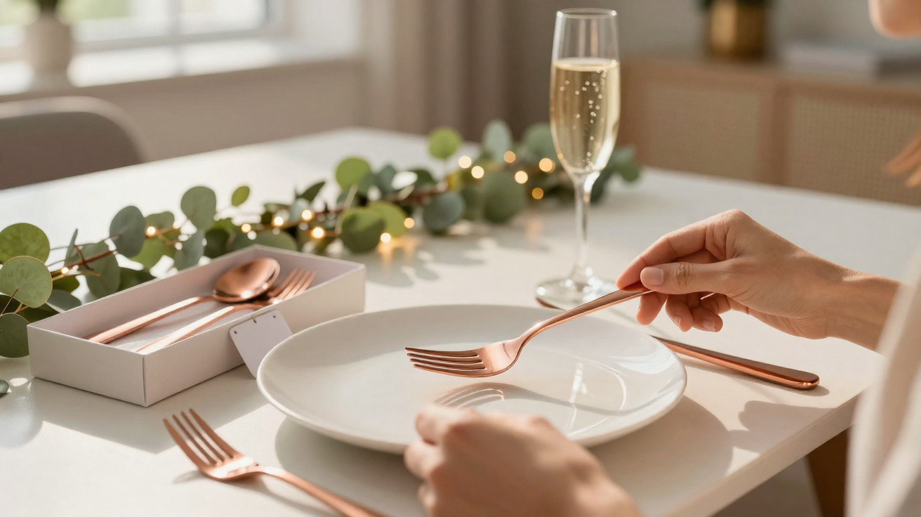 Pessoa segurando garfo de metal rosé em prato branco com taça de espumante e decoração verde ao fundo