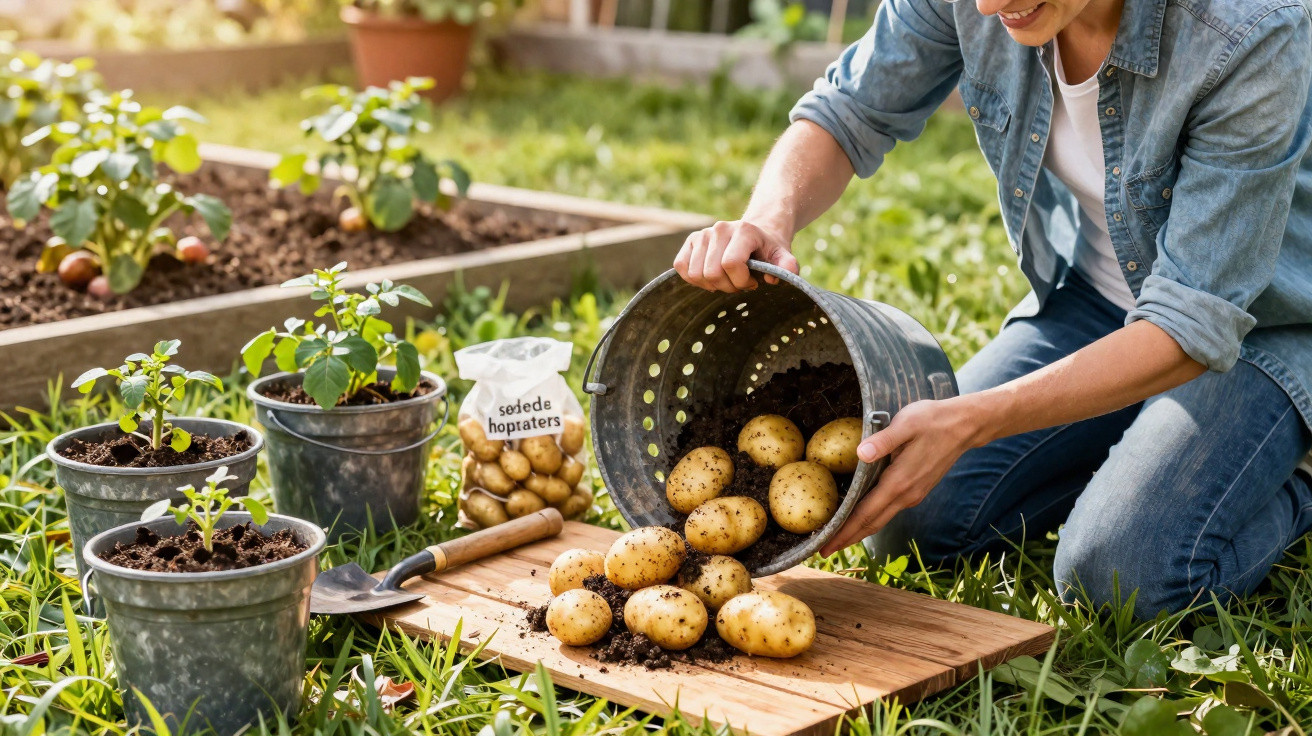 Pessoa despejando batatas recém-colhidas de um balde em uma tábua de madeira no jardim.