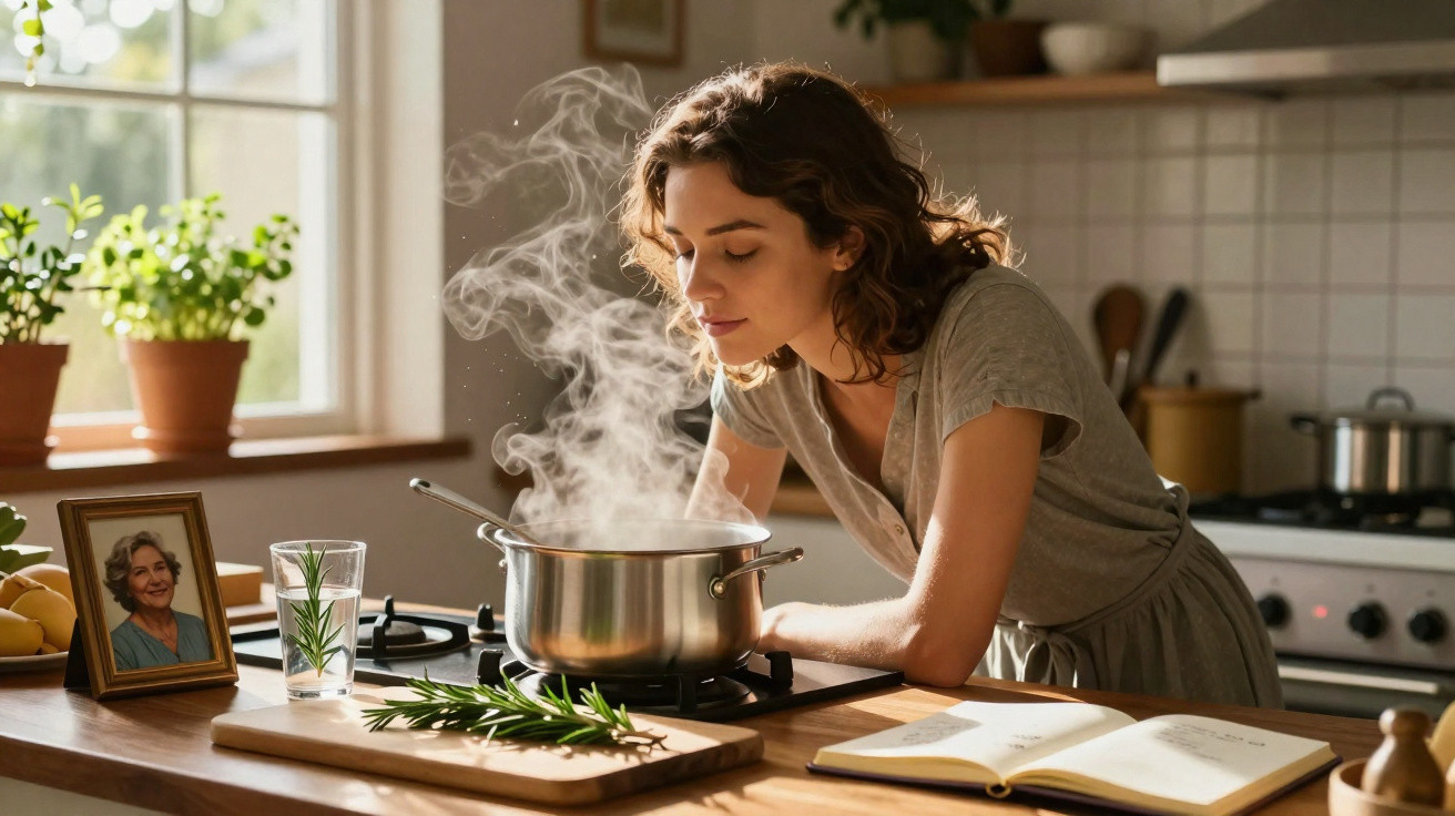 Mulher cheira panela fumegante enquanto cozinha na cozinha iluminada pelo sol com livro aberto e foto ao lado.
