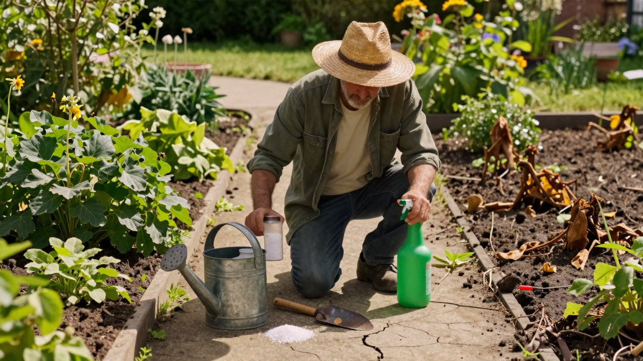 Homem com chapéu cuidando do jardim, com regador, pá e spray ao redor.