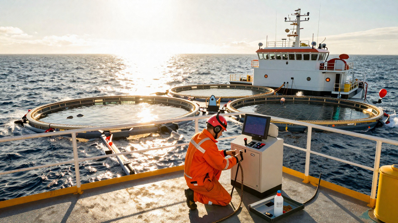 Trabalhador em roupa laranja operando equipamento em plataforma perto de tanques circulares no mar ao pôr do sol.