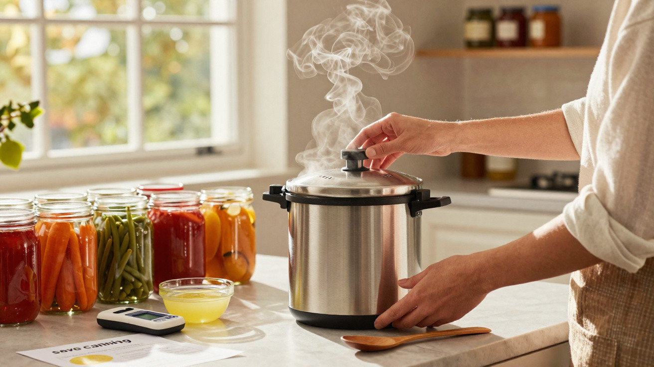 Pessoa abrindo panela de pressão com vapor na cozinha, ao lado de potes de conserva coloridos e termômetro.