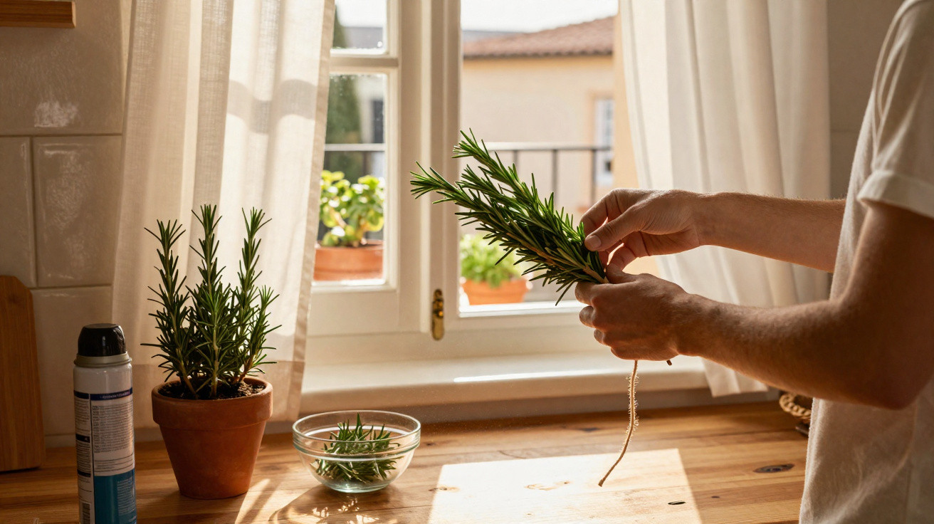 Pessoa amarrando ramo de alecrim ao lado de planta em vaso, janela e luz natural em cozinha.