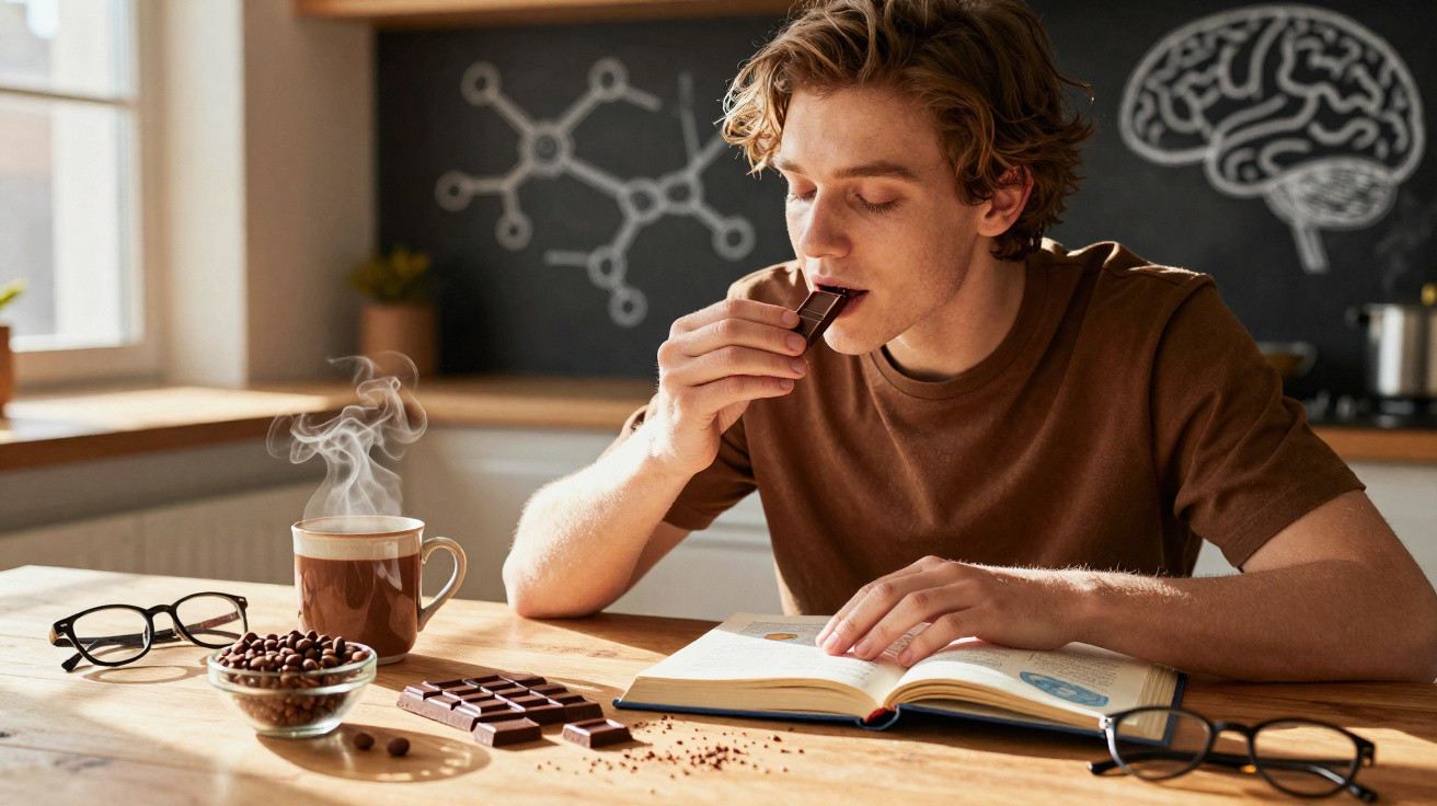 Jovem lendo livro e comendo chocolate ao lado de café quente e óculos sobre mesa de madeira.