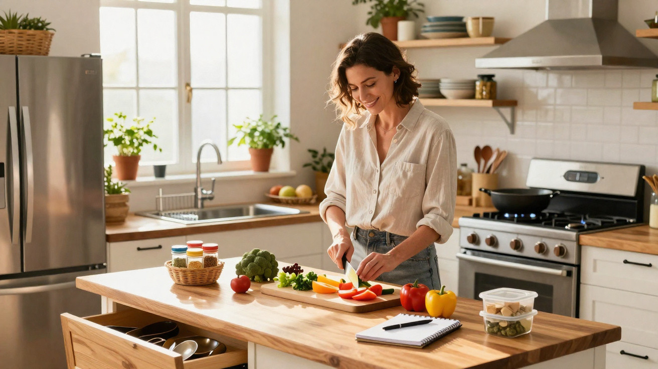 Mulher cortando pimentão em cozinha moderna com bancada de madeira e plantas perto da janela.