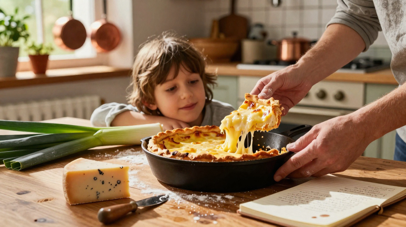 Criança observando fatia de torta de queijo sendo retirada em cozinha iluminada e acolhedora.