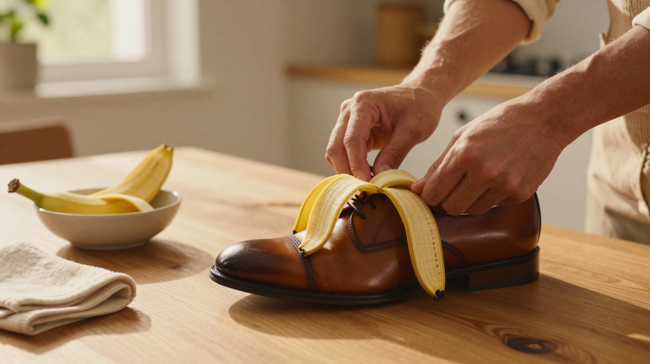 Mãos descascando uma banana sobre um sapato social marrom em uma mesa de madeira.