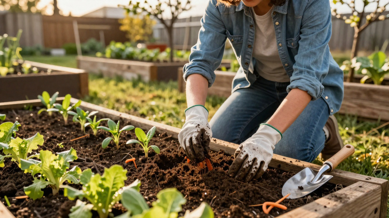 Pessoa plantando mudas em canteiro elevado de madeira com luvas de proteção em jardim ensolarado.