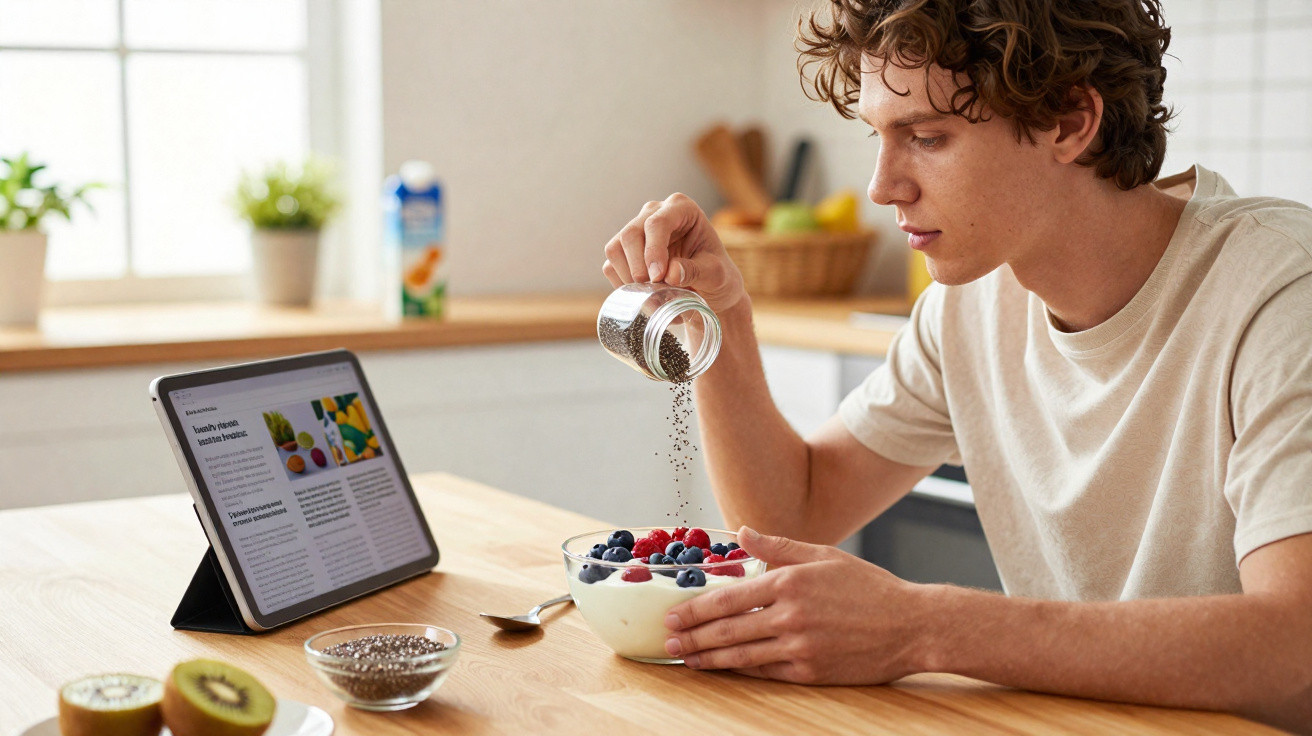 Pessoa jovem polvilhando sementes em tigela com iogurte e frutas na cozinha, com tablet aberto sobre a mesa.