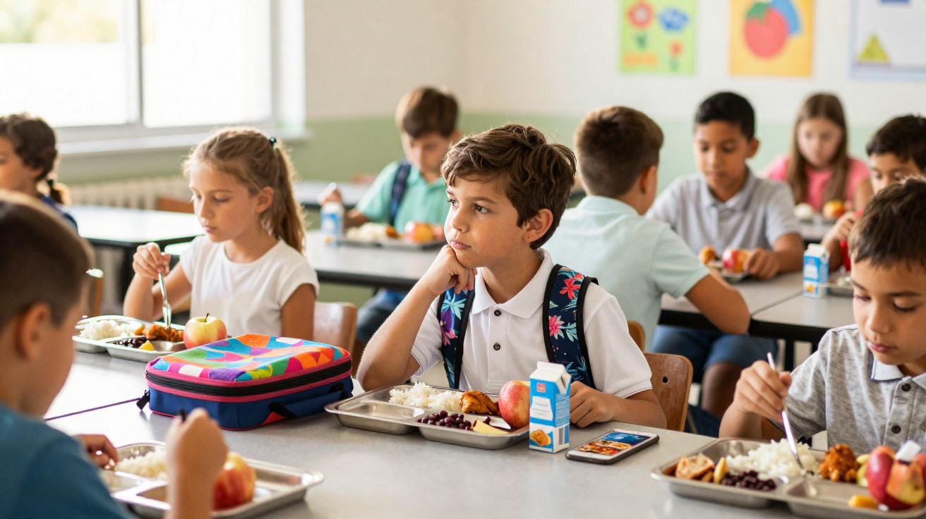 Crianças almoçando em refeitório escolar, com comidas em bandejas e mochilas sobre a mesa.