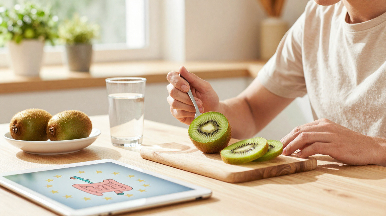 Pessoa fatiando kiwi em tábua de madeira, com tablet e copo d'água ao lado em mesa clara.